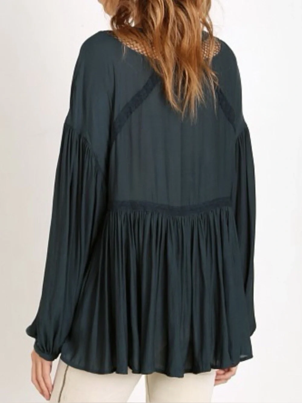 Free People Black Lace-Up Mesh Inset Peasant Blouse